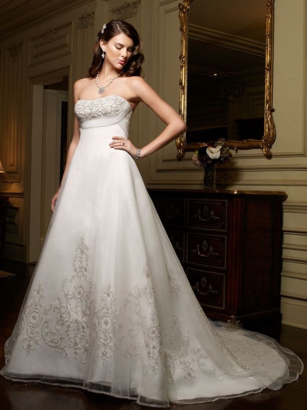 Casa Blanca Bridal Strapless White Wedding Gown with Silver Embroidery